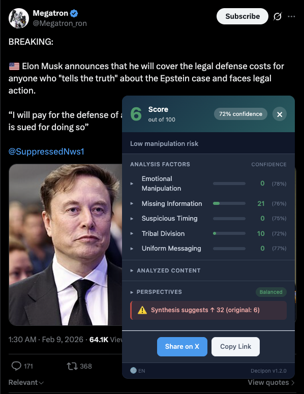 Decipon analysis popup showing score breakdown over Twitter/X feed